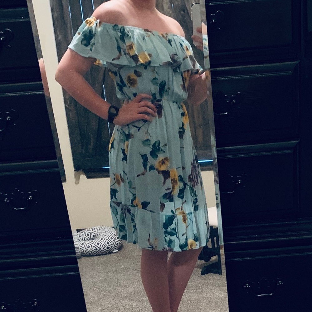 Aqua Floral off the shoulder Dress - Picture 4 of 4